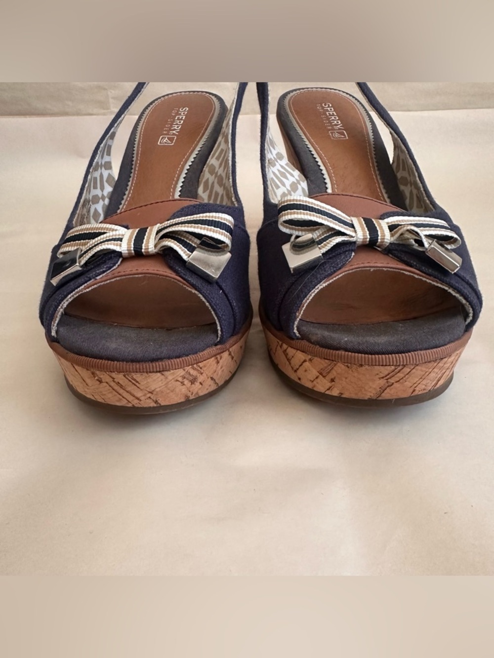 Sperry Top Sider Navy Cork Wedge Slingback Women 8M Nautical Blue Bow Sailor Y2K - Picture 6 of 9